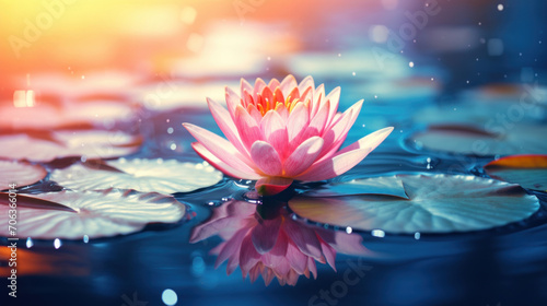 A serene pink water lily opens its petals on the calm surface of a pond, reflecting tranquility and natural beauty.