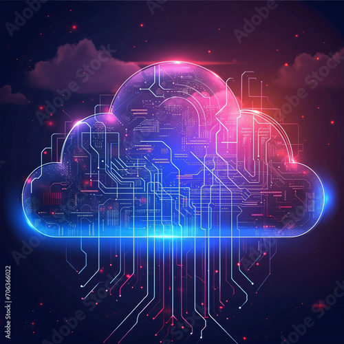 Illuminating the Digital Horizon: Neon-Colored Cloudscape - A Visionary Depiction of Technology and Digitalization in the Virtual Realm - Generative AI