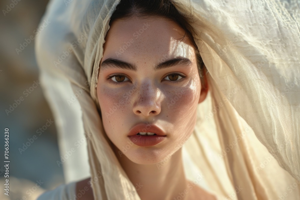 A woman wearing a veil over her head. Can be used for fashion, weddings, or cultural themes A woman wearing a veil over her head. Can be used for fashion, weddings, or cultural themes
