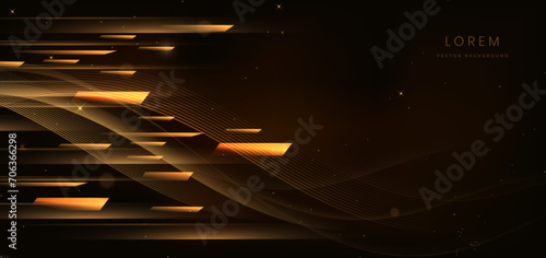 Abstract golden geometric on dark brown background with lighting effect and sparkle with copy space for text. Luxury design style.