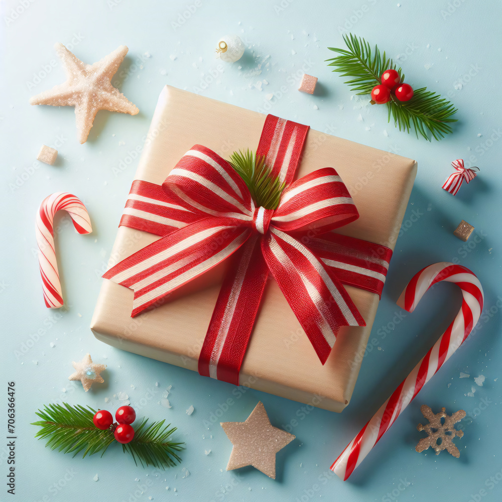 Celestial Gift: Light Blue Table Hosts Top View Greeting Card with Gift Box and Red Ribbon. Celestial Gift: Light Blue Table Hosts Top View Greeting Card with Gift Box and Red Ribbon.