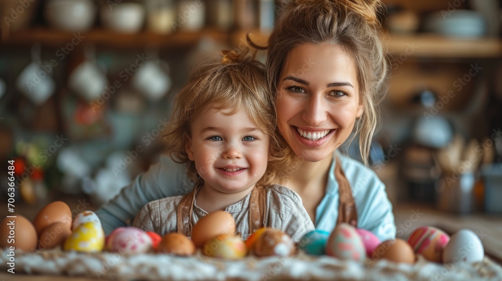 Easter Family traditions. Loving young mother teaching happy little kid soon to dye and decorate eggs with paints for Easter holidays Easter Family traditions. Loving young mother teaching happy little kid soon to dye and decorate eggs with paints for Easter holidays