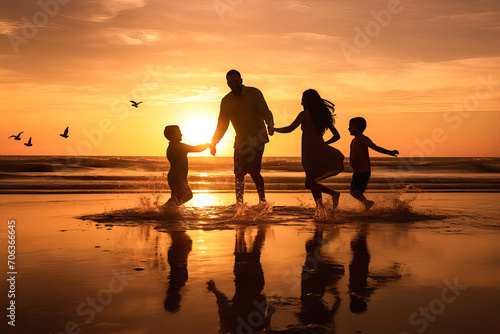Silhouettes of a happy family at sea against the background of the setting sun. Active parents spend time with their children during their vacation at sea 