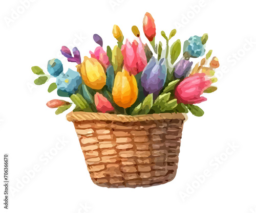 Vector basket of flowers, watercolor colorful illustrations, clip art elements, ready to print. Perfect for invitation, card, banner, decoration, patterns, stickers, wallpapers, textile