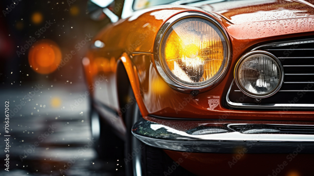 Detail of a vintage car's headlight shining brightly on a rainy day, highlighting classic automotive design and weather elements.
