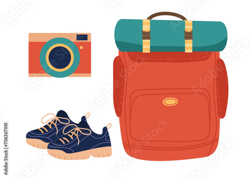 Camping set. Backpack with sleeping mat, sneakers and camera for amateur tourist. Flat vector illustration for travel, nikes, trips tourism, voyage or vacation isolated on white background