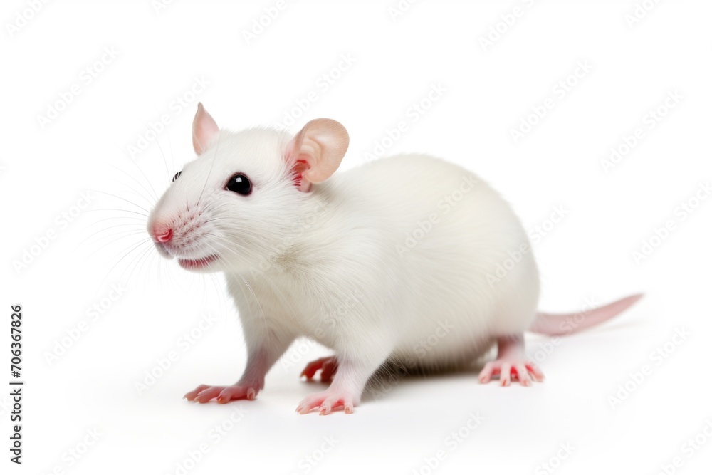 A white rat is standing on a white surface. Laboratory animal, testing model for research.