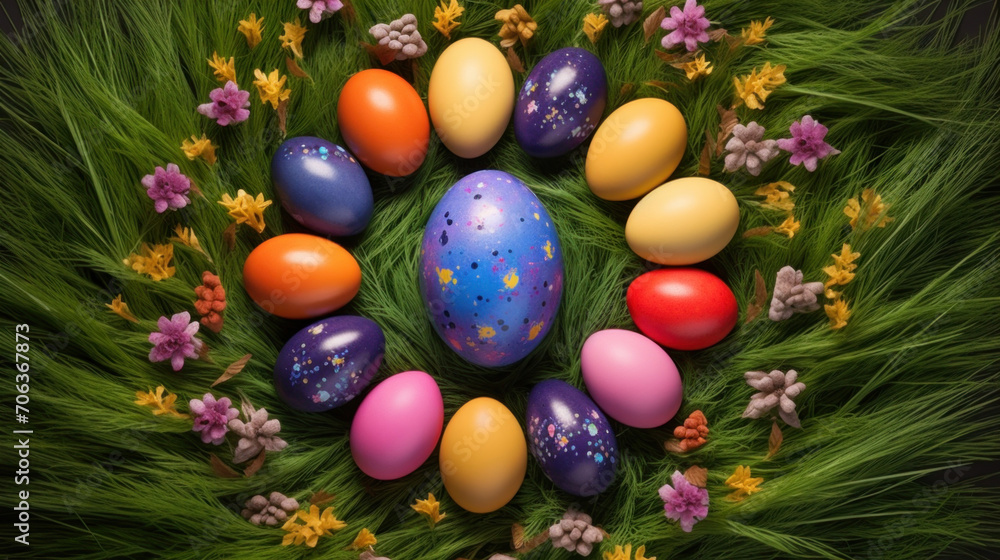 A vibrant Easter celebration with multicolored eggs nestled in a bed of lush green grass, surrounded by spring flowers.