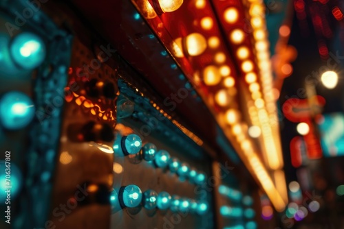 A close-up view of a carnival ride at night. This image captures the vibrant lights and excitement of the ride. Perfect for capturing the thrill and energy of a carnival or amusement park.