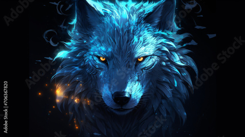 Magic frost wolf with blue eyes in the dark