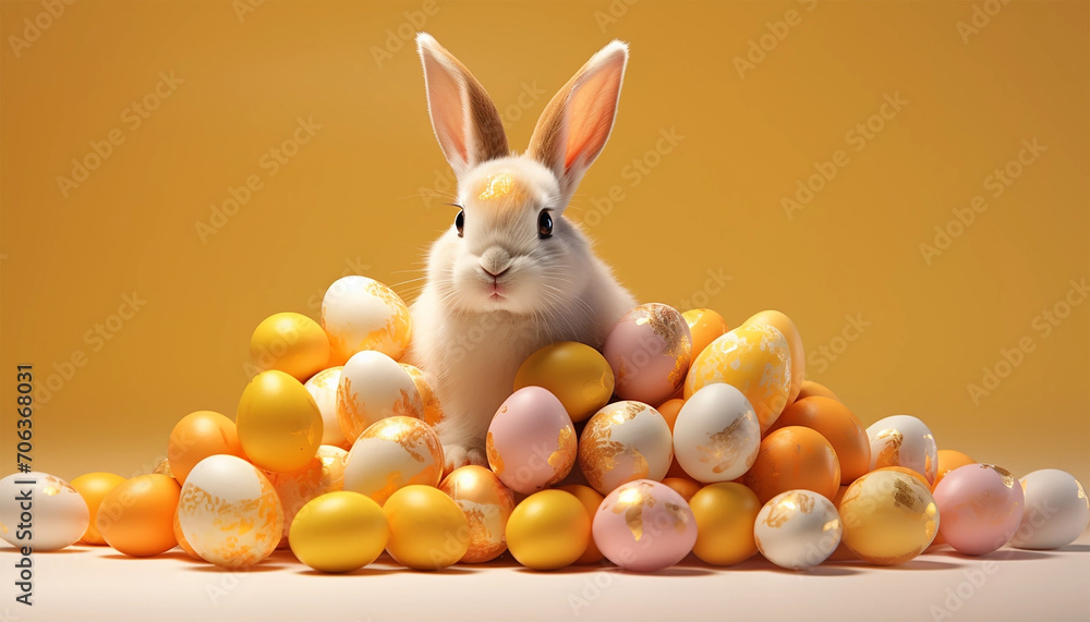 Easter Bunny with Easter Eggs in a yellow background