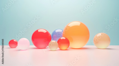 3D multi-coloured spheres of different sizes and transparency. Pastel colour palette. Abstract background. Generative AI