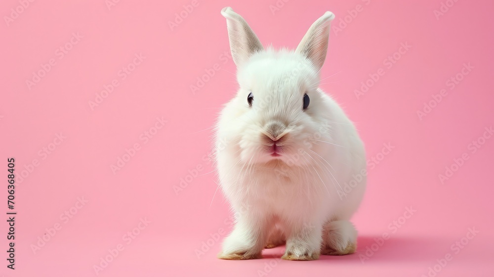 Front view of white rabbit , pink background Front view of white rabbit , pink background