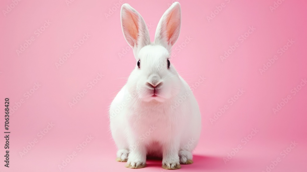 Front view of white rabbit , pink background Front view of white rabbit , pink background
