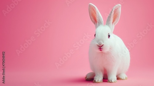 Front view of white rabbit   pink background