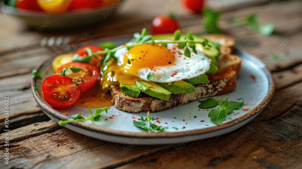 A plate of food featuring a perfectly fried egg and slices of ripe avocado. This image can be used to showcase a healthy breakfast or brunch option