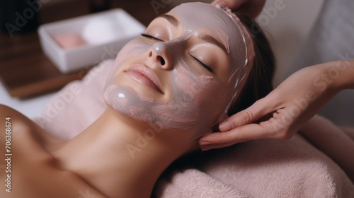 Close-up of a cosmetologist applying a clay mask to a woman s face in a beauty salon. Spa treatments  beauty  skin care concepts.