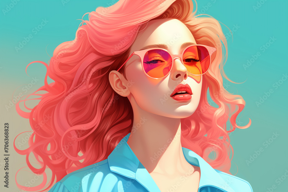 Young woman with sunglasses. Portrait of a stylish young girl with blond hair in glasses over neon light background at disco party. an elegant blonde woman wearing sunglasses