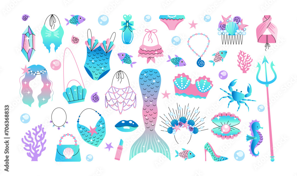 A large set of elements for a mermaid. Marine fashion attributes for a girl. Tail, swimsuit, trident, pearl, fish, Wig.
