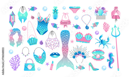 A large set of elements for a mermaid. Marine fashion attributes for a girl. Tail, swimsuit, trident, pearl, fish, Wig.