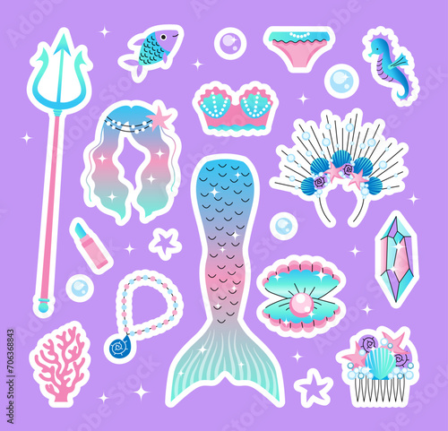 A set of elements for a mermaid. Marine fashion attributes for a girl. Tail, swimsuit, trident, pearl, fish, Wig.