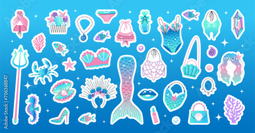 A large set of elements for a mermaid. Marine fashion attributes for a girl. Tail, swimsuit, trident, pearl, fish, Wig.