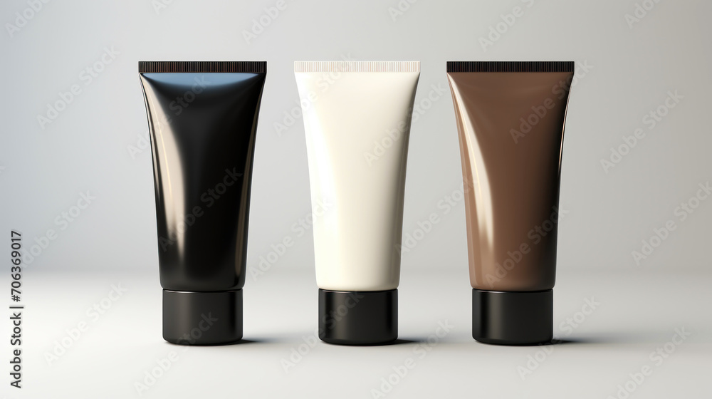 Close up of cream tubes group, product mock-up. Light background. Layout for cosmetics. Copy space. Generative AI Close up of cream tubes group, product mock-up. Light background. Layout for cosmetics. Copy space. Generative AI