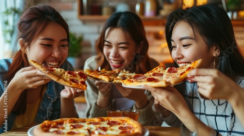 Happy Asian Three young female friends eating pizza party at home photo