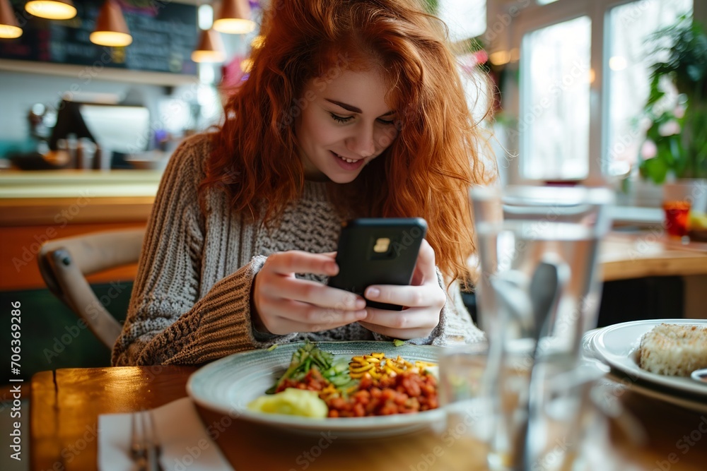 A young woman doing food review with her phone