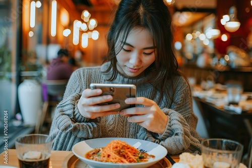 A young woman doing food review with her phone
