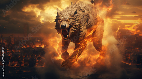 Mystical scandinavian beast wolf Fenrir destroyin © Aki