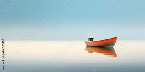 Orange boat in a calm sea waters near a beachline. Calm, tranquil landscape. Generative AI © AngrySun