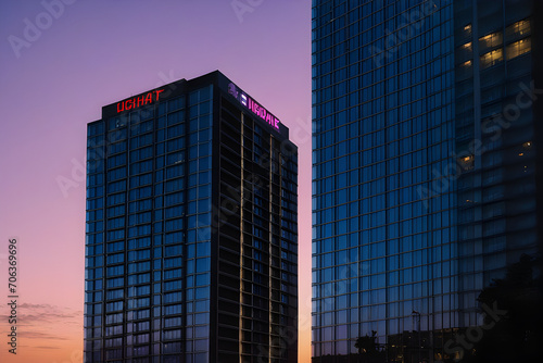 Exterior of highrise building at dusk. Skyscrapers at night