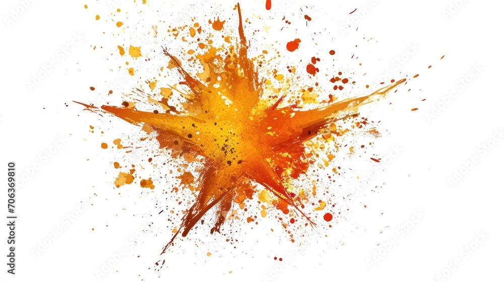 A vibrant orange explosion of paint on a clean white background. Perfect for adding a burst of color and energy to any design or project