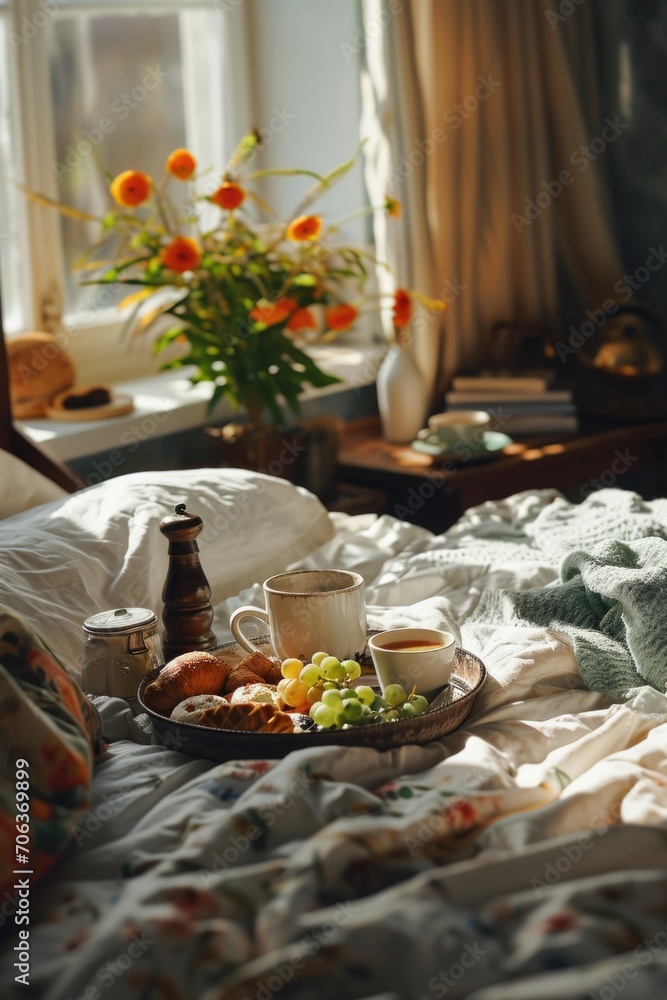 Fototapeta premium A tray of food is placed on a bed next to a beautiful vase of flowers. This image can be used to depict a cozy breakfast in bed or a romantic surprise for someone special