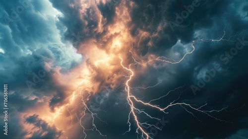 A powerful lightning bolt pierces through the clouds. Ideal for illustrating the force and intensity of a thunderstorm.