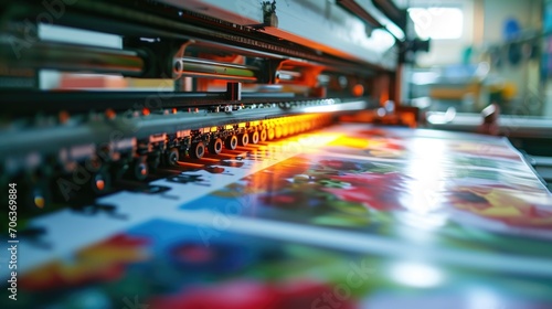 A printing machine in action, producing high-quality prints. Ideal for use in advertising, publishing, and graphic design photo