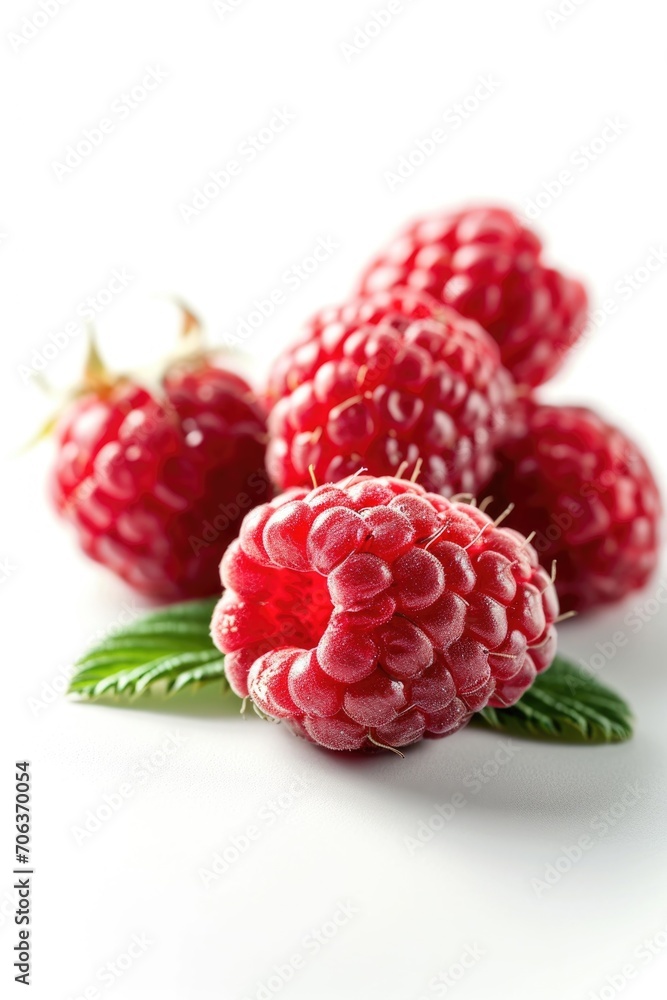 Raspberries arranged in a group on a clean white surface. Ideal for food-related projects and healthy eating concepts Raspberries arranged in a group on a clean white surface. Ideal for food-related projects and healthy eating concepts