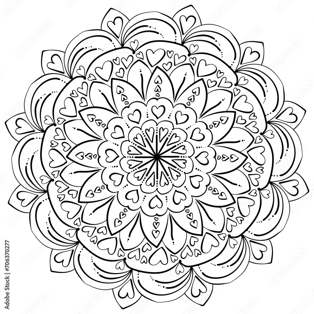 Simple patterned mandala with hearts and petals, anti-stress coloring page or postcard design Simple patterned mandala with hearts and petals, anti-stress coloring page or postcard design