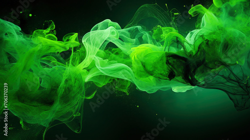 Closeup of green smoke, fog or cloud flowing in front of black background, modern art design 