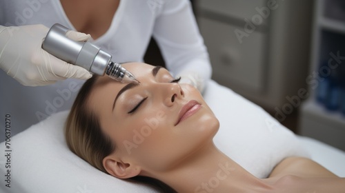 Close-up of a professional female cosmetologist performing a hardware rejuvenating procedure on a woman's face in a beauty salon. Spa treatments, beauty, care, skin cleansing concepts.