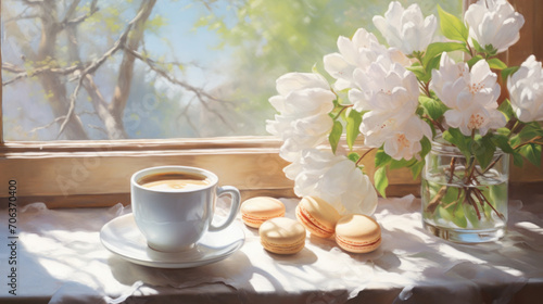 A still life scene of a hot cup of coffee and macarons by a sunny window.