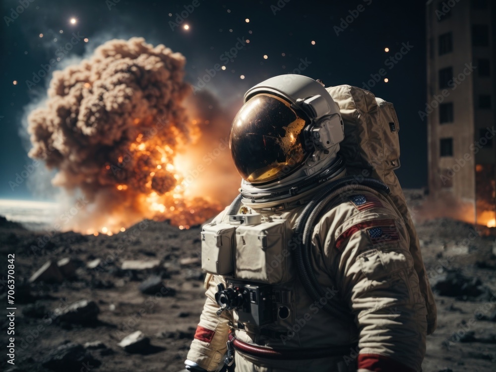 Astronaut standing in front of Comet impact on surface. Generative AI Astronaut standing in front of Comet impact on surface. Generative AI