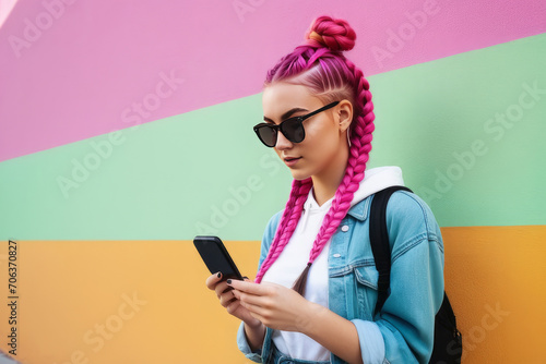 Teenage hipster girl with pink braids is using a smartphone against the background of a multicolored street wall. Summer concept. Generation Z style.