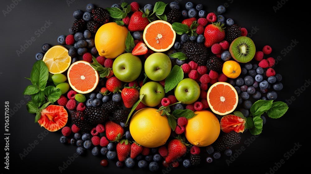 top view of fresh fruits, vegetables and berries on black background, Generative AI.