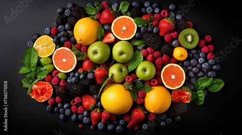 top view of fresh fruits  vegetables and berries on black background  Generative AI.