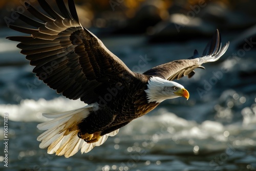 A majestic bald eagle soaring through the sky above a flowing river. Ideal for nature and wildlife-themed projects