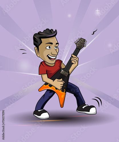 Guitarist cartoon character illustration cool boy player guitar music performance