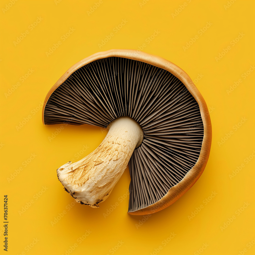 Creative flat lay of mushrooms on a yellow background. Minimal food concept. Creative flat lay of mushrooms on a yellow background. Minimal food concept.