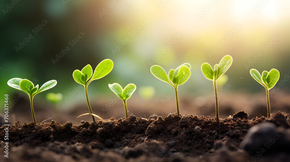 Fototapeta premium Young Green Seedlings Growing in Soil Close-up of new plant growth, symbolizing spring and new beginnings, with a focus on sustainability and ecology.